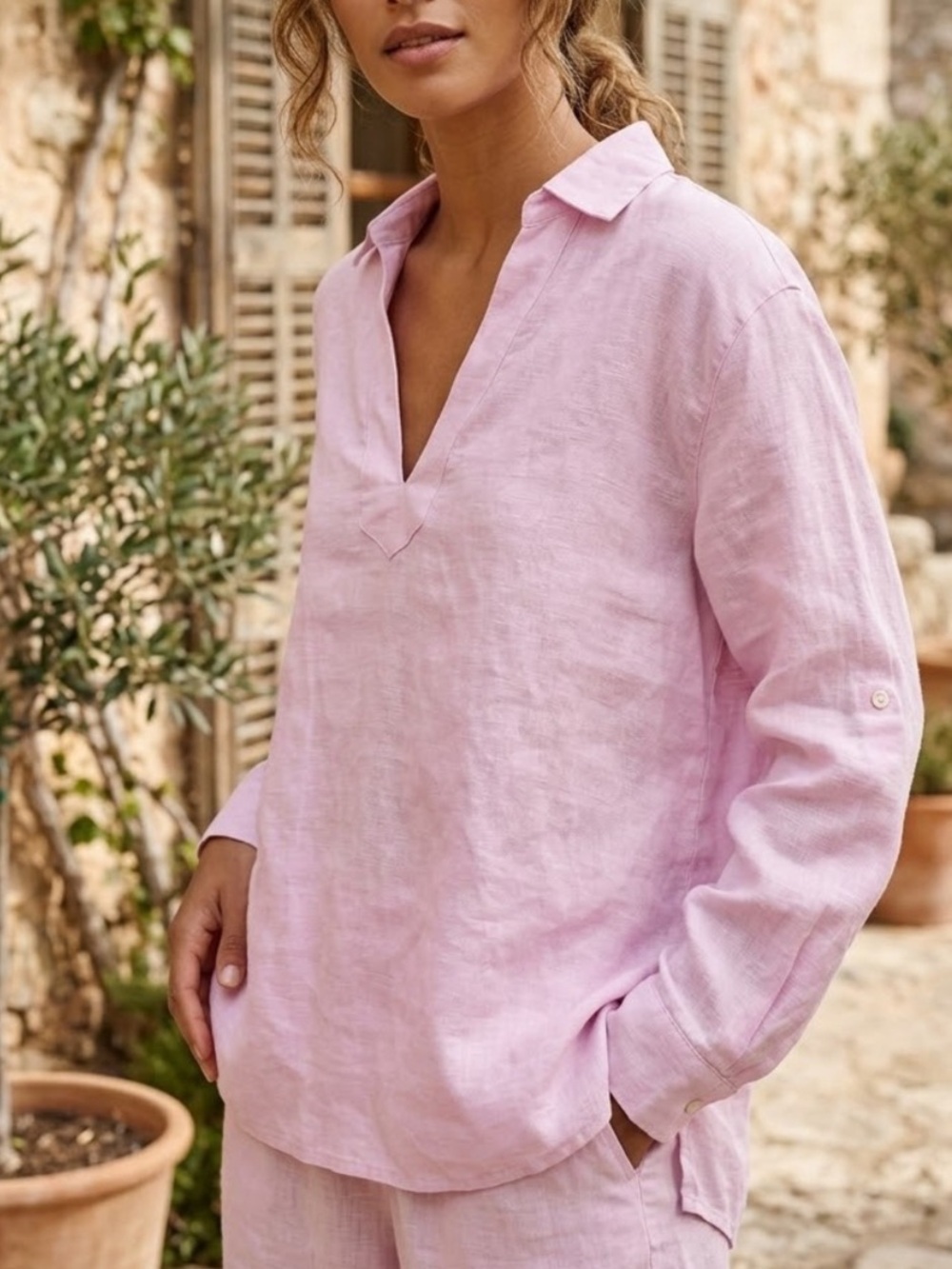 Calypso St. Barth Soft Pink Linen V‑Neck Shirt